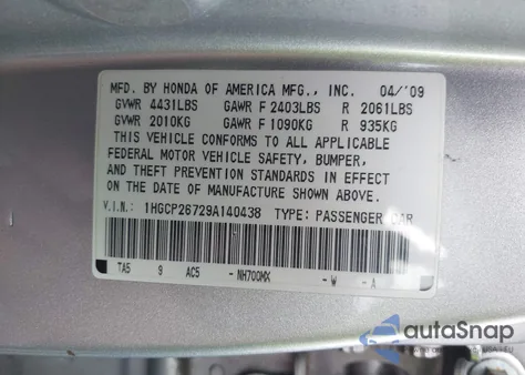 2009 Honda Accord 2.4 Ex z USA, uszkodzony, nr VIN 1HGCP26729A140438